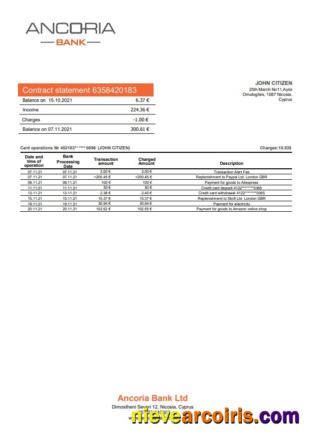 Cyprus Ancoria bank statement